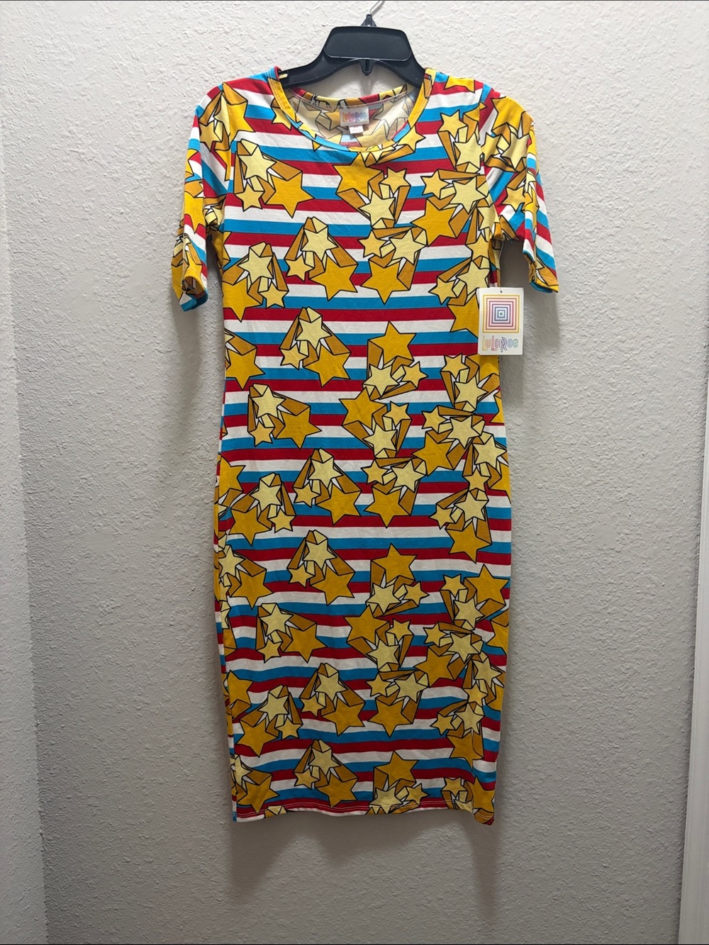 LuLaRoe Star-Print Midi Dress in Yellow, Blue & Red